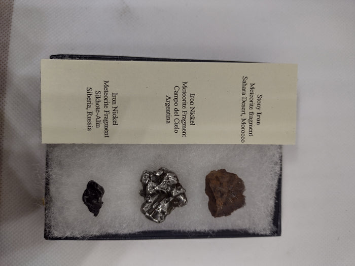 3 meteorites in Riker Mount Display