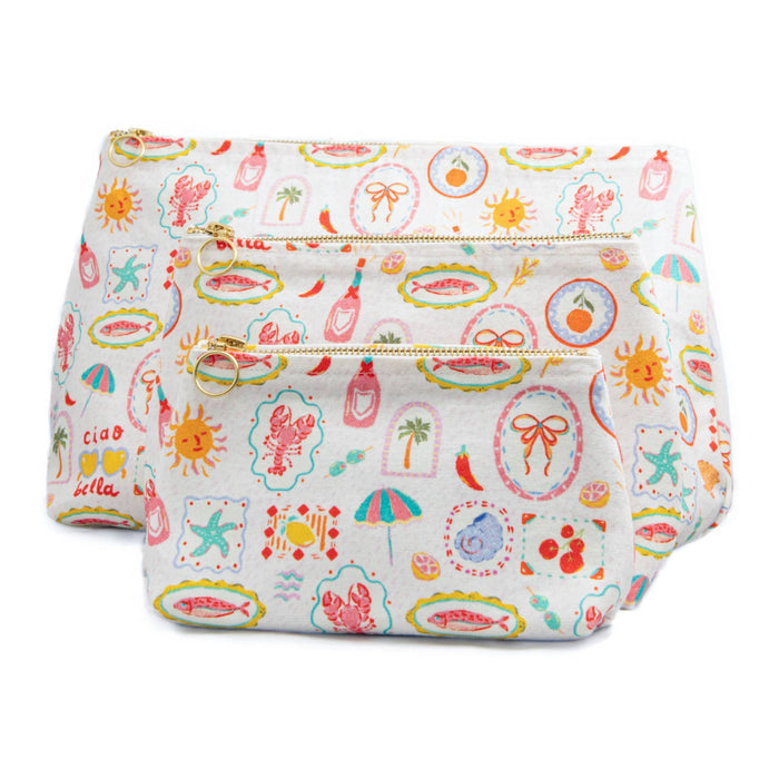 Colorful patterned pouch with a zipper on a white background