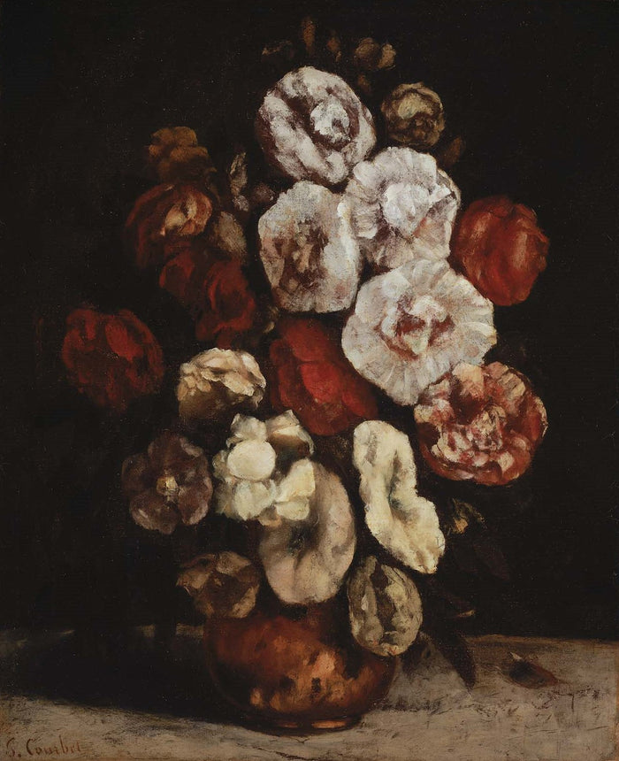 Gustave Courbet, Hollyhocks in a Copper Bowl
