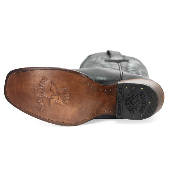Bottom view of Los Altos Women’s Dubai Western Boot in black leather showing the embossed logo and leather sole.
