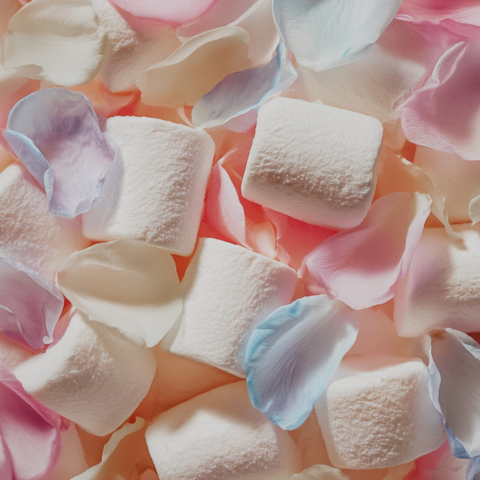 Close-up of marshmallows and flower petals on a pink background