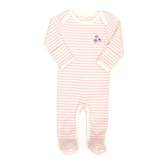 Tun Tun Lap Shoulder Ribbed Footie in Fucshia Stripes with Strawberry