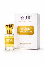 Aster Organics Rose Bulgarian perfume bottle and packaging on a white background