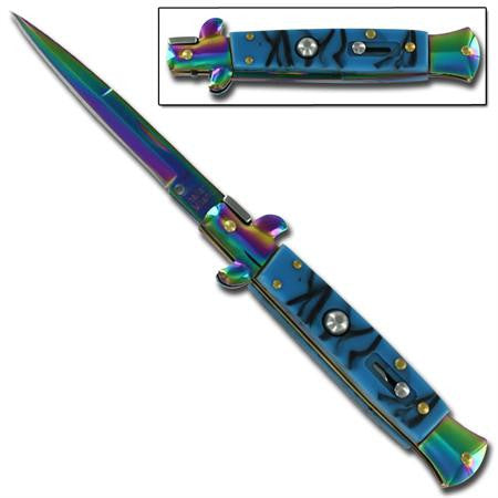 9" Italian Milano Stiletto Blue Titanium Rainbow Classic Automatic Knife