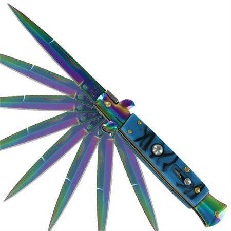 9" Italian Milano Stiletto Blue Titanium Rainbow Classic Automatic Knife