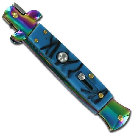 9" Italian Milano Stiletto Blue Titanium Rainbow Classic Automatic Knife