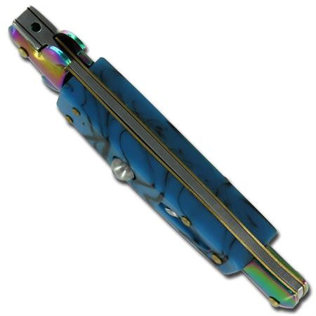 9" Italian Milano Stiletto Blue Titanium Rainbow Classic Automatic Knife