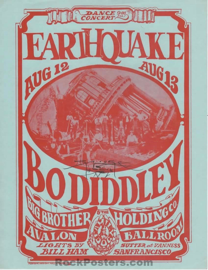 AUCTION - FD-21 - Bo Diddley - Mouse Signed - 1966 Handbill - Avalon Ballroom - Near MInt Minus