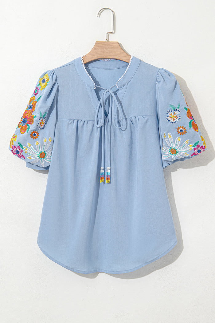 Beau Blue Floral Embroidered Puff Sleeve Split Neck Blouse