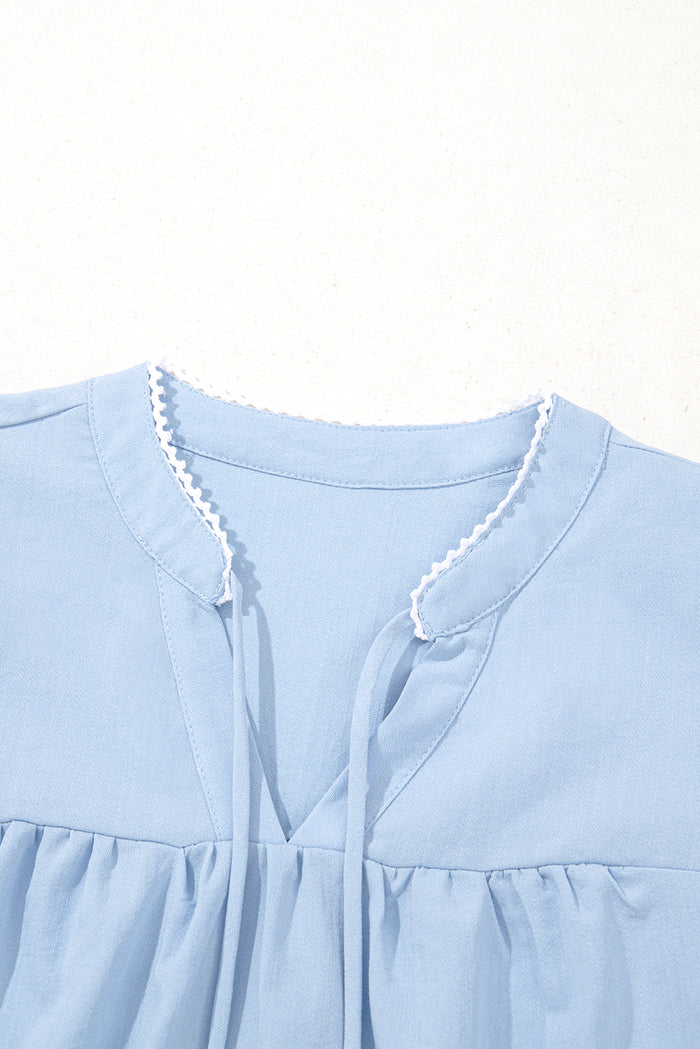 Beau Blue Floral Embroidered Puff Sleeve Split Neck Blouse