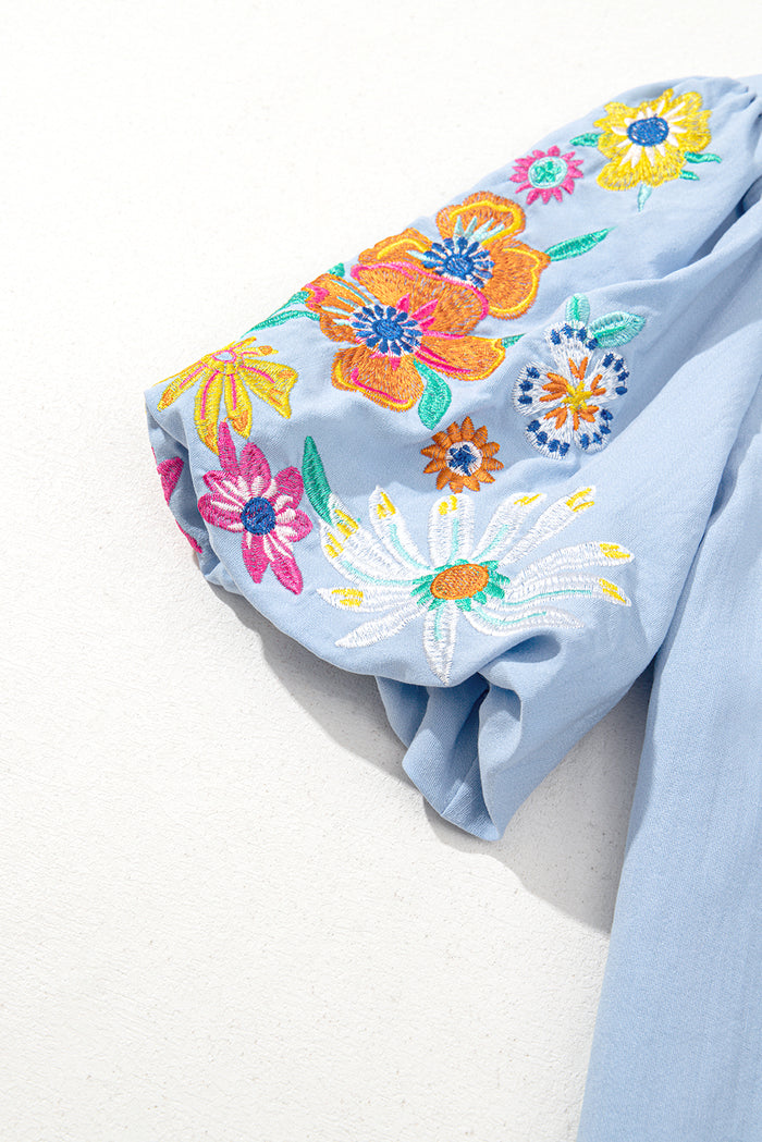 Beau Blue Floral Embroidered Puff Sleeve Split Neck Blouse