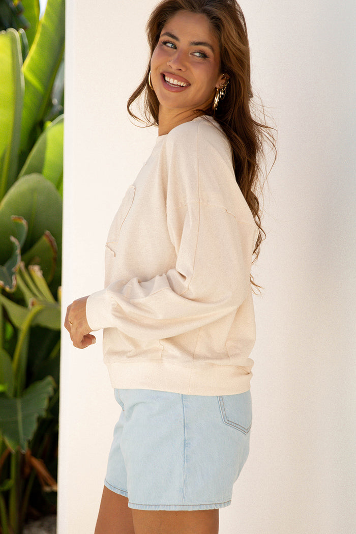 Beige Raw Edge Flower Patch Drop Shoulder Casual Top