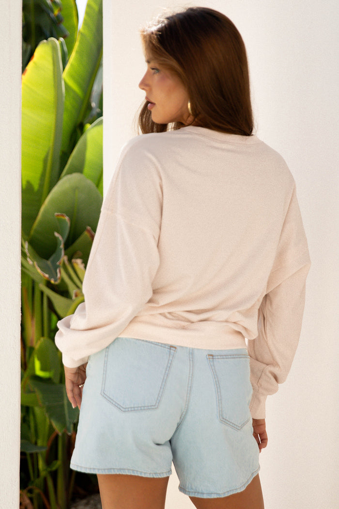 Beige Raw Edge Flower Patch Drop Shoulder Casual Top