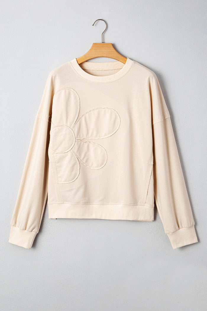 Beige Raw Edge Flower Patch Drop Shoulder Casual Top
