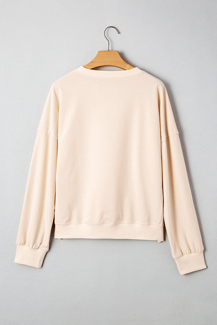 Beige Raw Edge Flower Patch Drop Shoulder Casual Top