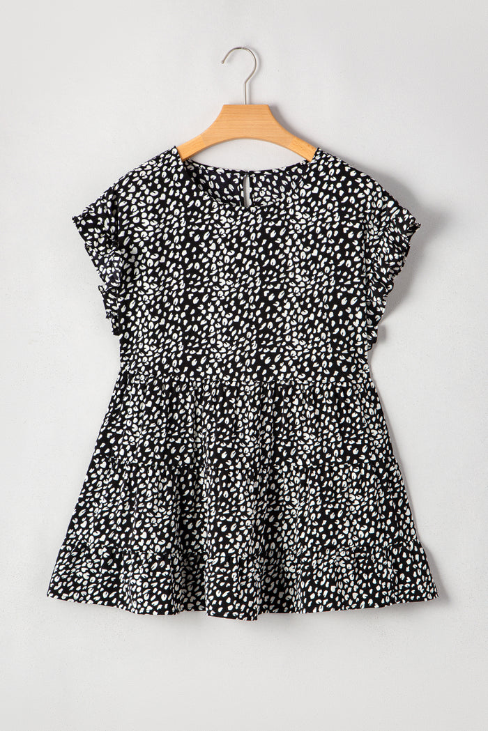 Black Leopard Print Ruffled Short Sleeve Keyhole Back Tiered Flowy Plus Size Blouse
