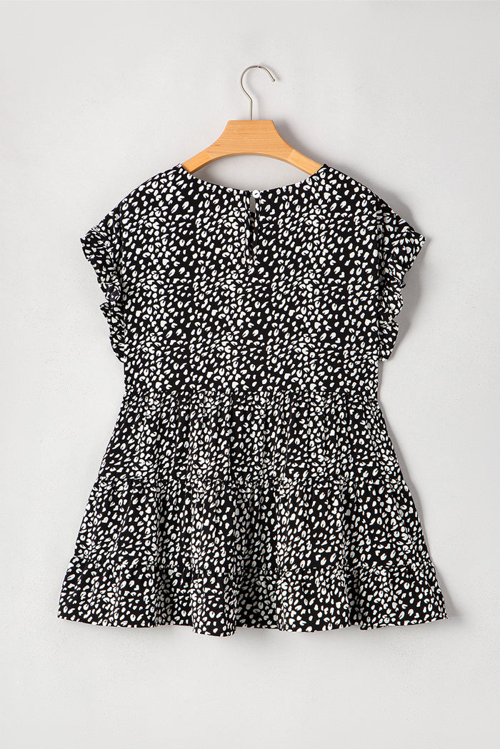 Black Leopard Print Ruffled Short Sleeve Keyhole Back Tiered Flowy Plus Size Blouse
