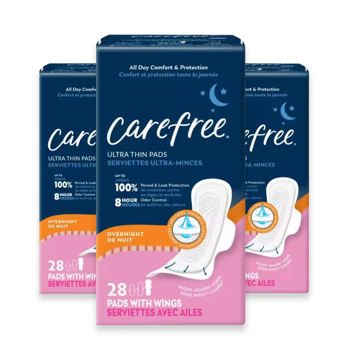 Carefree Ultra Thin Overnight Pads with Wings – 28 Pads – 3 Pack