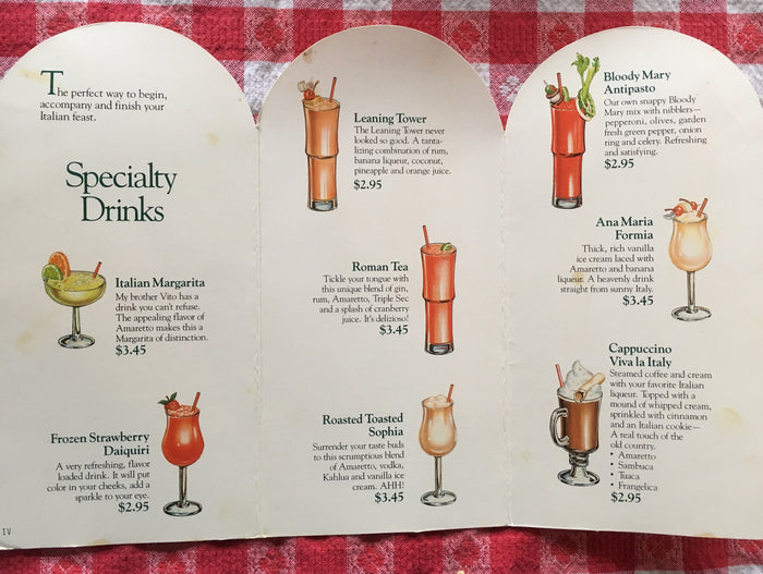 (Cocktail Menu)  Tastes of Italy, The Olive Garden.  [1987].