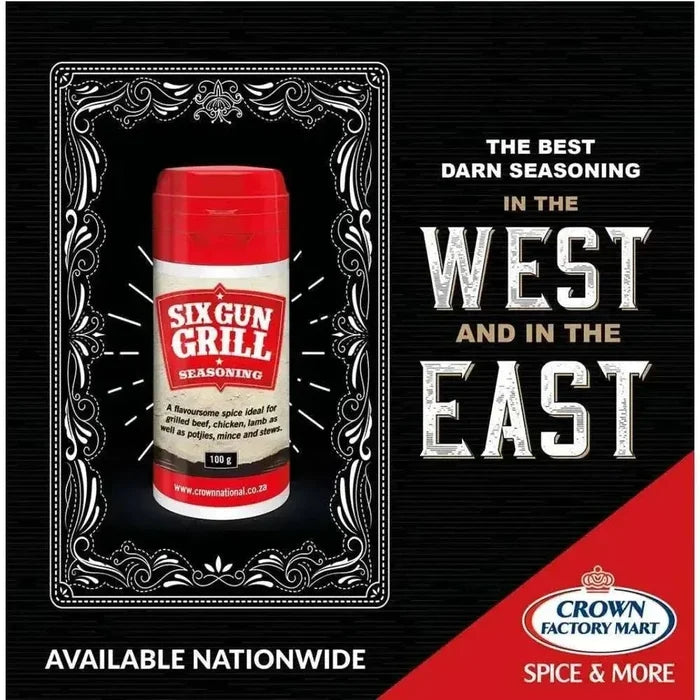 Crown National Six Gun Grill Spice Shaker 100g with celery, onion, paprika, cumin, and cayenne blend