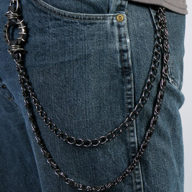 Hot Leathers Gunmetal Double Wallet Chain w/ Spikes and Skull 18"