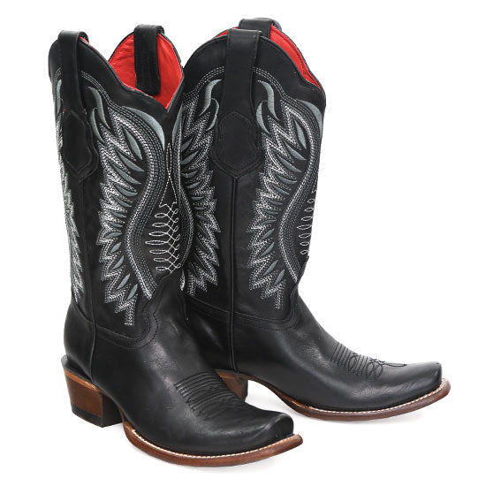 Pair of Los Altos Women’s Dubai Western Boots in black leather with silver embroidery and red interior lining.