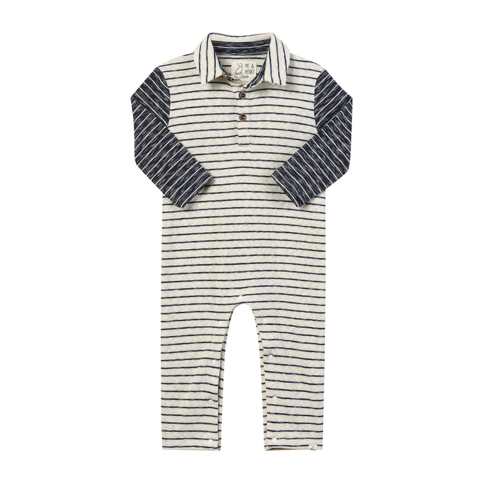 Me & Henry Arlington Polo Romper in Navy Stripe