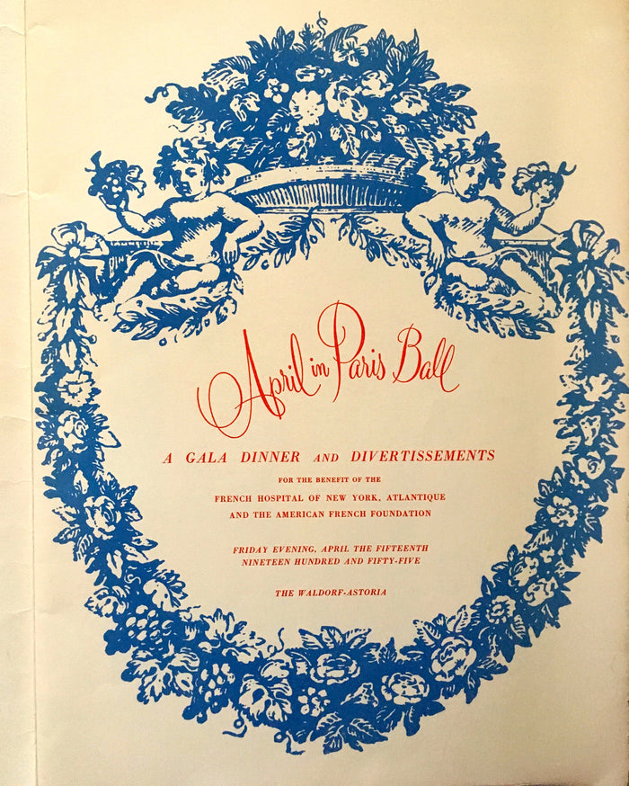 (Menu)  April in Paris Ball, Waldorf-Astoria Hotel.  [1955].