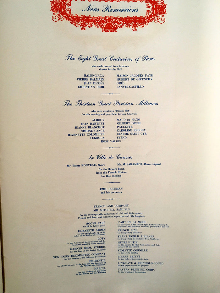 (Menu)  April in Paris Ball, Waldorf-Astoria Hotel.  [1955].