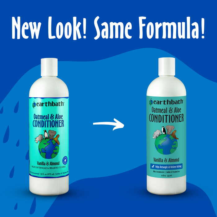 Two bottles of earthbath Oatmeal & Aloe Conditioner on a blue background with text 'New Look! Same Formula!'.