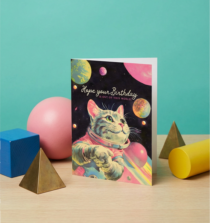 OUT OF THIS WORLD spacecat birthday card