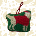 Golden Labrador Christmas needlepoint ornament in holiday attire with red loop—Peking design. Limited stock, festive decor!.