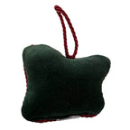Golden Labrador Christmas ornament by Peking Needlepoint—green velvet, maroon loop. Gift idea for dog lovers, festive decor.