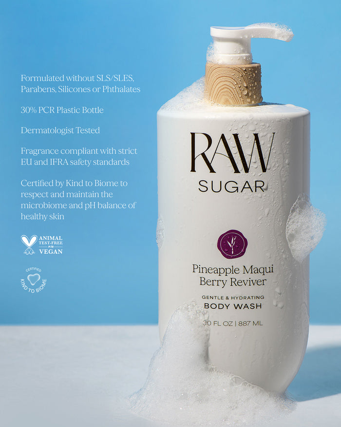 RAW Sugar body wash bottle with pump on a blue background