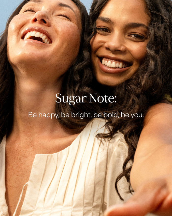 Two women smiling with a 'Sugar Note' quote overlay.