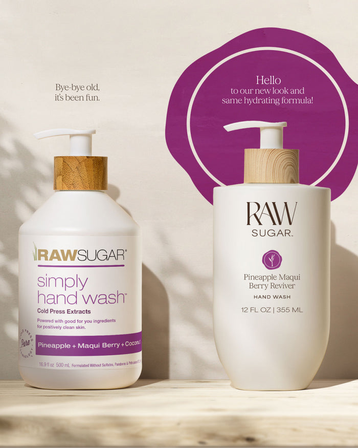 Two bottles of Raw Sugar hand wash on a light background with a purple circular design.