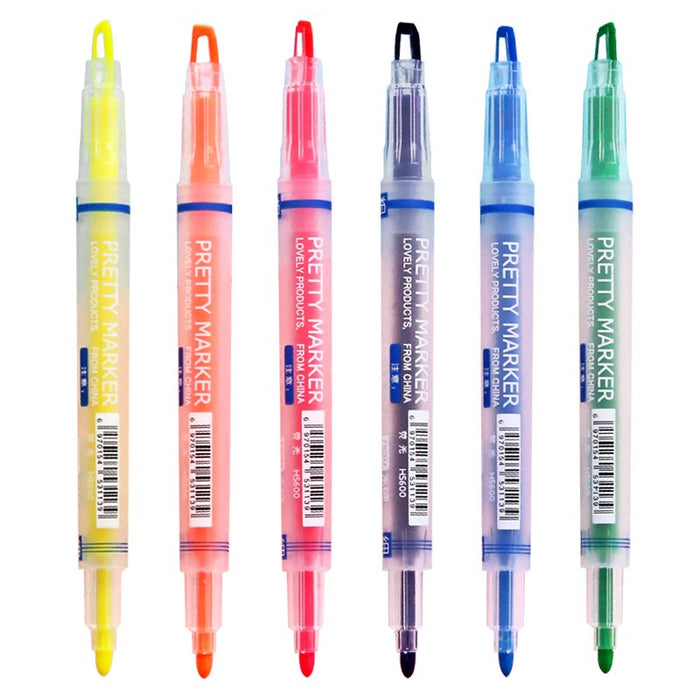 Pretty Marker Series Dual-Sided Markers and Highlighters set (6pcs) - Original Kawaii Pen