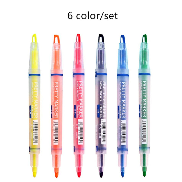 Pretty Marker Series Dual-Sided Markers and Highlighters set (6pcs) - Original Kawaii Pen
