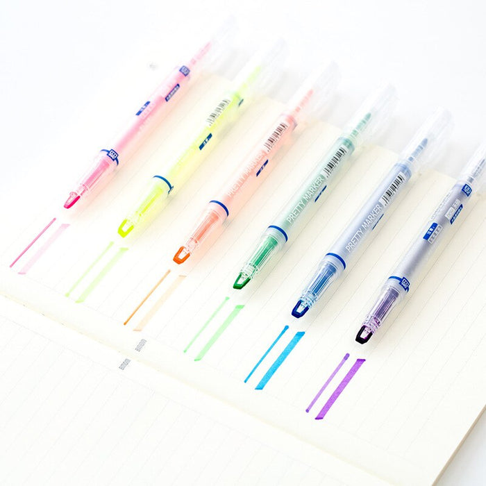 Pretty Marker Series Dual-Sided Markers and Highlighters set (6pcs) - Original Kawaii Pen