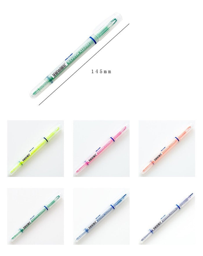 Pretty Marker Series Dual-Sided Markers and Highlighters set (6pcs) - Original Kawaii Pen