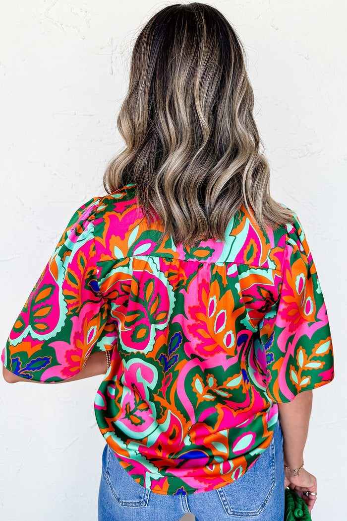 Rose Summer Plant Print Lace up V Neck Short Sleeve Blouse
