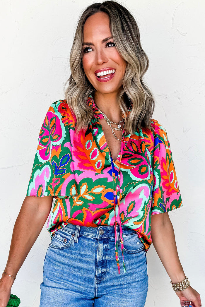 Rose Summer Plant Print Lace up V Neck Short Sleeve Blouse