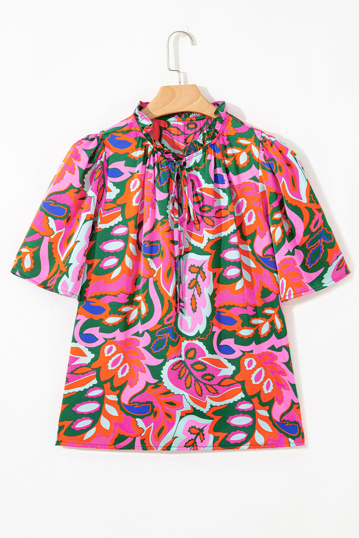 Rose Summer Plant Print Lace up V Neck Short Sleeve Blouse