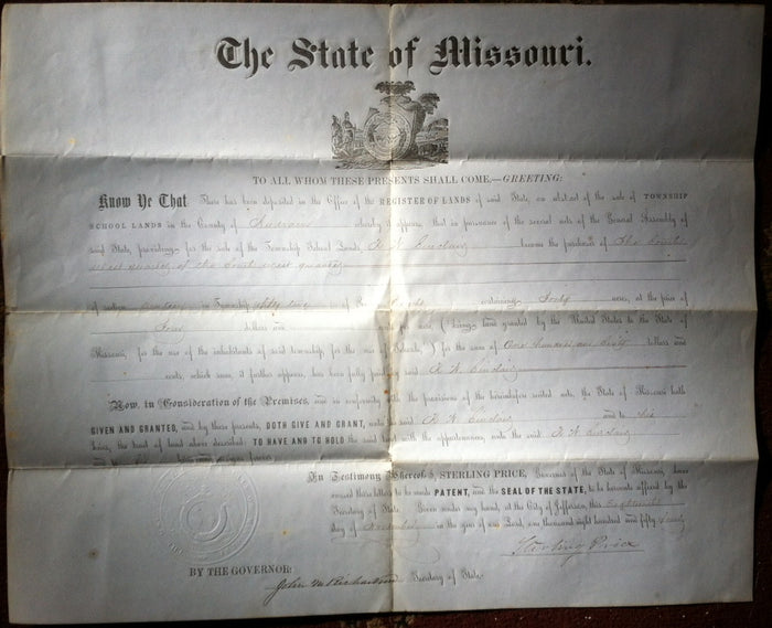 (Signed!)  Antique Document, Register of Lands, signed by Gov. Sterling Price of Missouri.  [November 18, 1854].