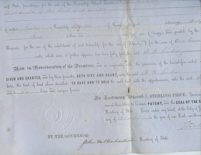 (Signed!)  Antique Document, Register of Lands, signed by Gov. Sterling Price of Missouri.  [November 18, 1854].