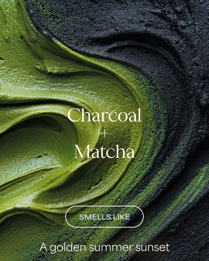 Close-up of green and black swirls with text 'Charcoal + Matcha' and 'Smells Like A golden summer sunset'.
