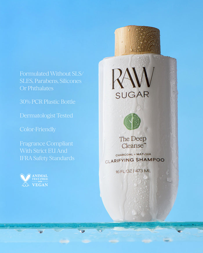 RAW Sugar shampoo bottle with a blue background, designed to help cleanse hair with clean ingredients.