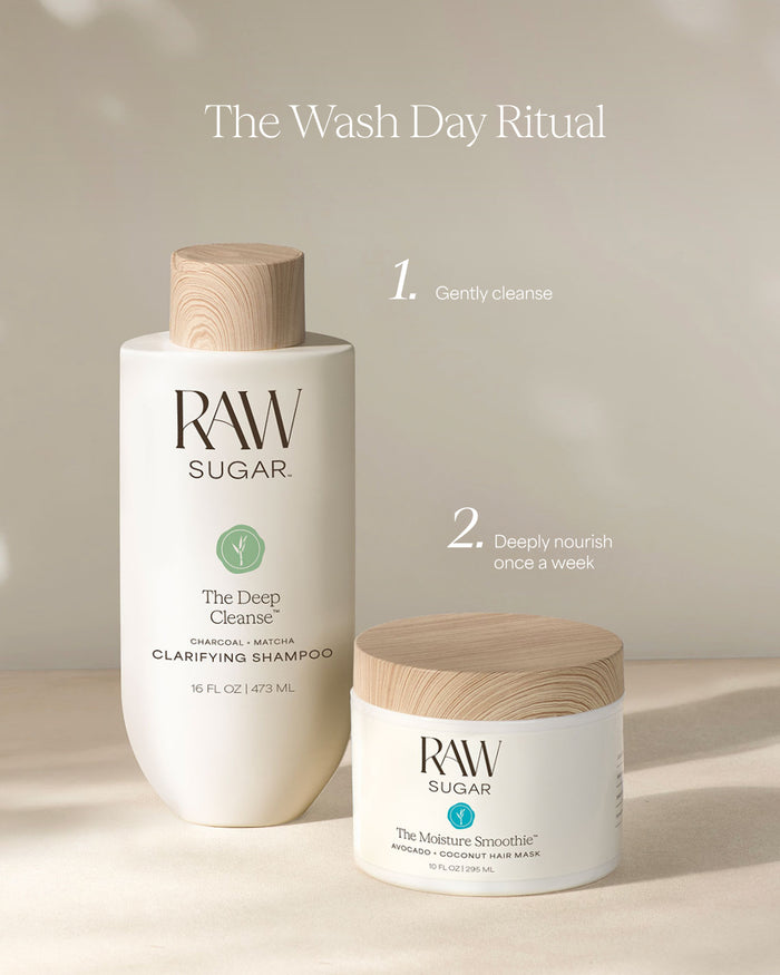 RAW Sugar shampoo and mask with 'The Wash Day Ritual' text on a neutral background