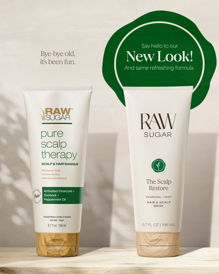 Raw Sugar scalp care mask on a neutral background with promotional text, designed to help purify scalp and hair with clean ingredients.