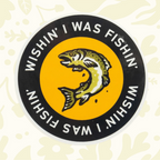 Forager Provisions LTD round vinyl sticker featuring a jumping fish and the text Wishin I Was Fishin on a yellow background